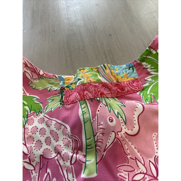 Palm Key Pink Green Elephant Giraffe Tree Print Button Front Shirt Ruffle Sz XL - Picture 9 of 10